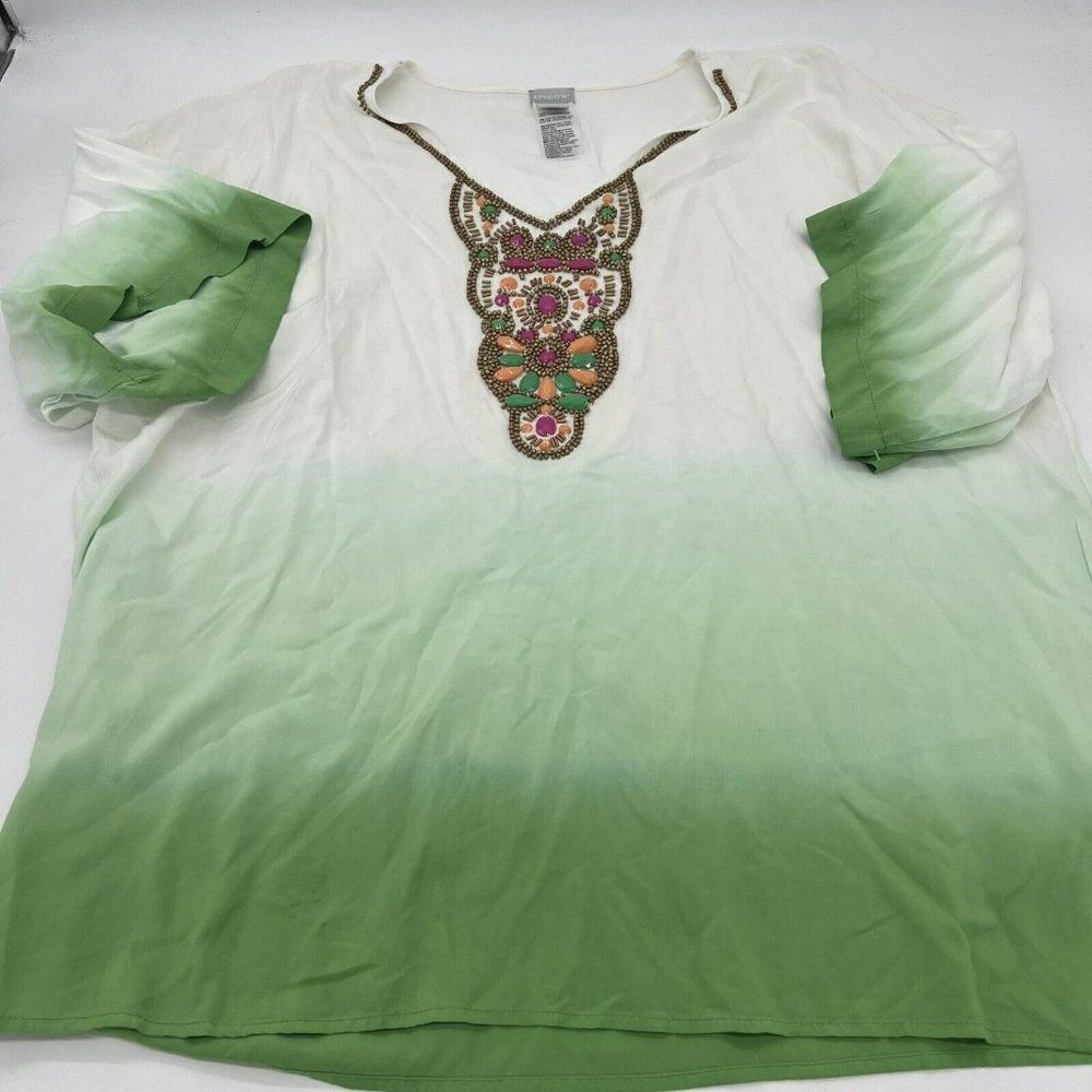 Chico’s Top #119 Ombre Kurta Tunic Blouse Caftan Tropical Dolman size 3 / XL